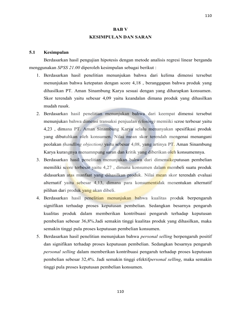 BAB V KESIMPULAN DAN SARAN 5.1 Kesimpulan Berdasarkan