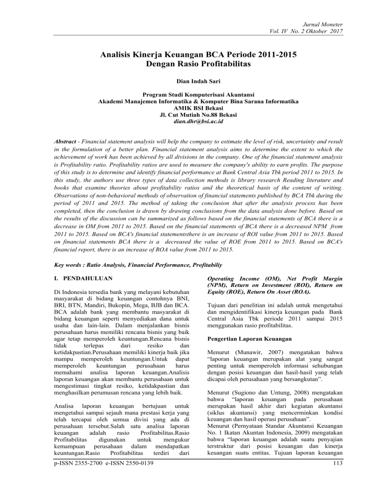 Analisis Kinerja Keuangan BCA Periode 2011-2015 - E