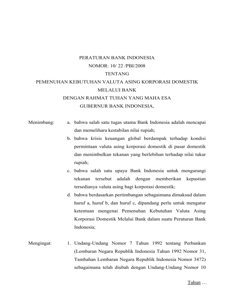 Peraturan Bank Indonesia Nomor: 10/ 22 /pbi/2008 Tentang