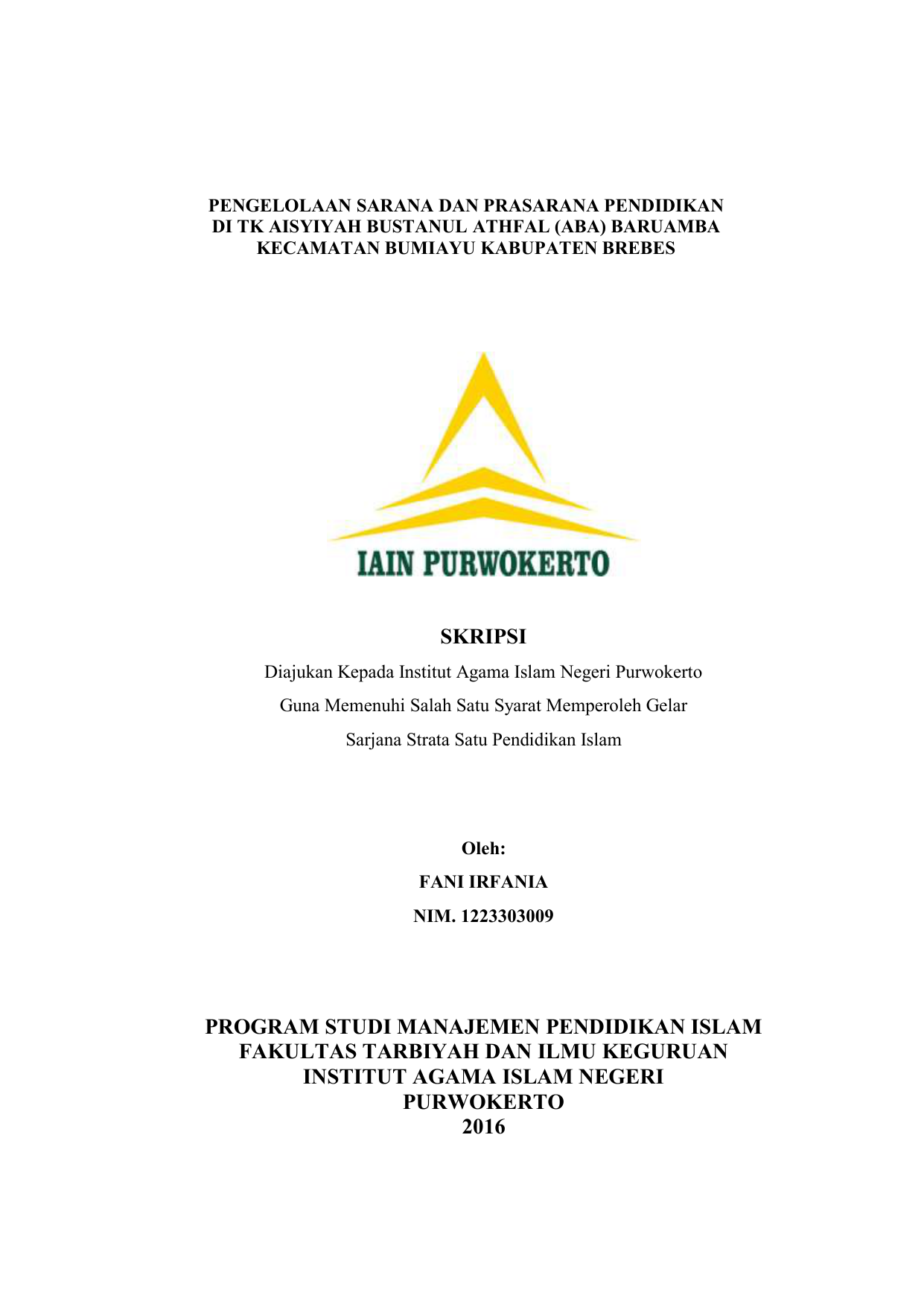 Skripsi Program Studi Manajemen Pendidikan Islam Fakultas Tarbiyah