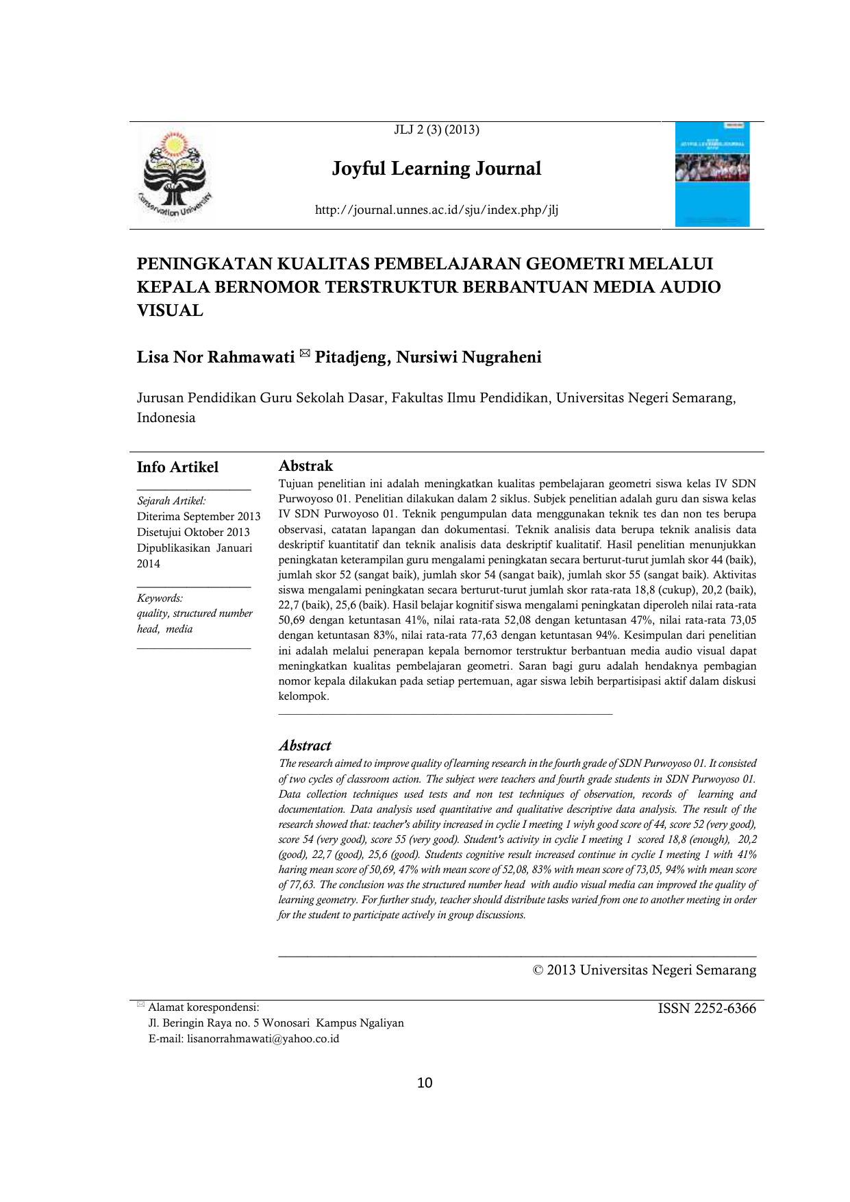 JLJ 2 3 2013 Joyful Learning Journal PENINGKATAN KUALITAS PEMBELAJARAN GEOMETRI MELALUI KEPALA BERNOMOR