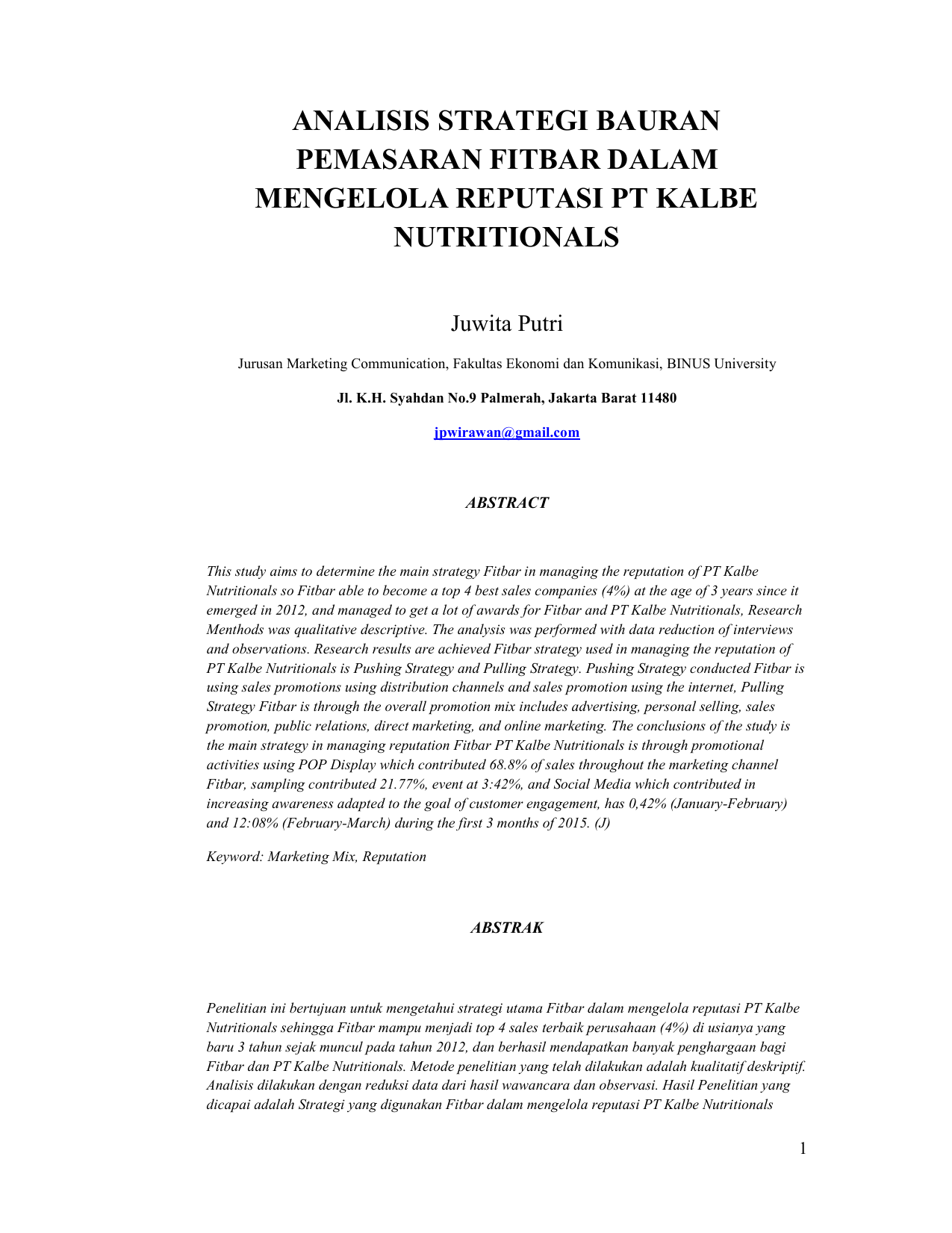 Analisis Strategi Bauran Pemasaran Fitbar Dalam Mengelola Reputasi