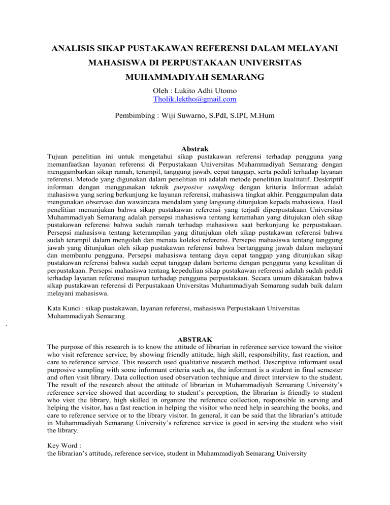 Analisis Sikap Pustakawan Referensi Dalam Melayani Mahasiswa Di 