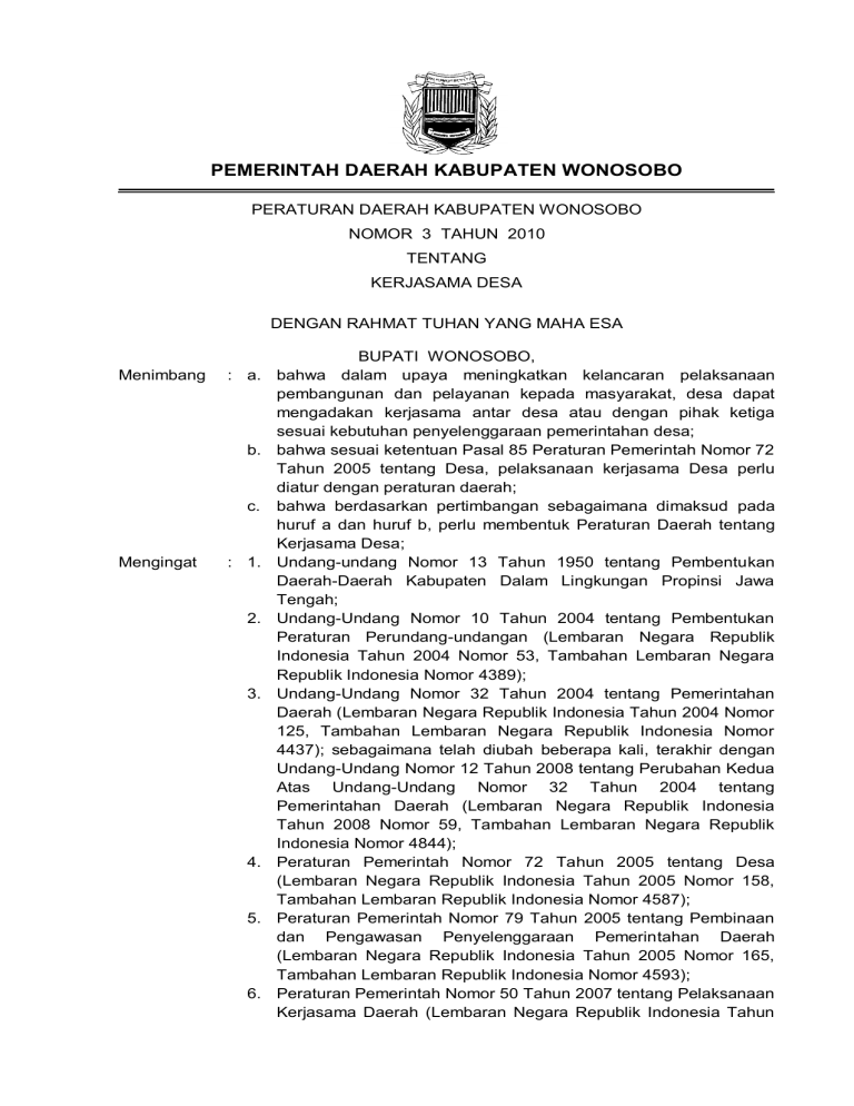 Perda Nomor 3 Tahun 2010 Tentang Kerja Sama Desa