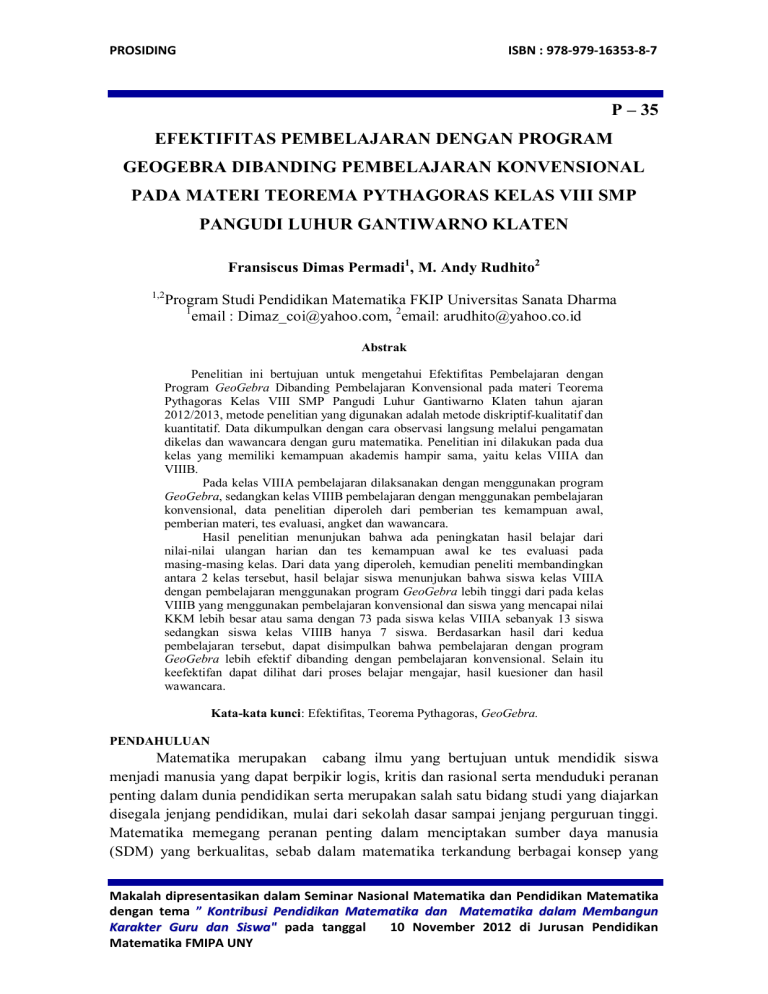 P – 35 Efektifitas Pembelajaran Dengan Program Geogebra