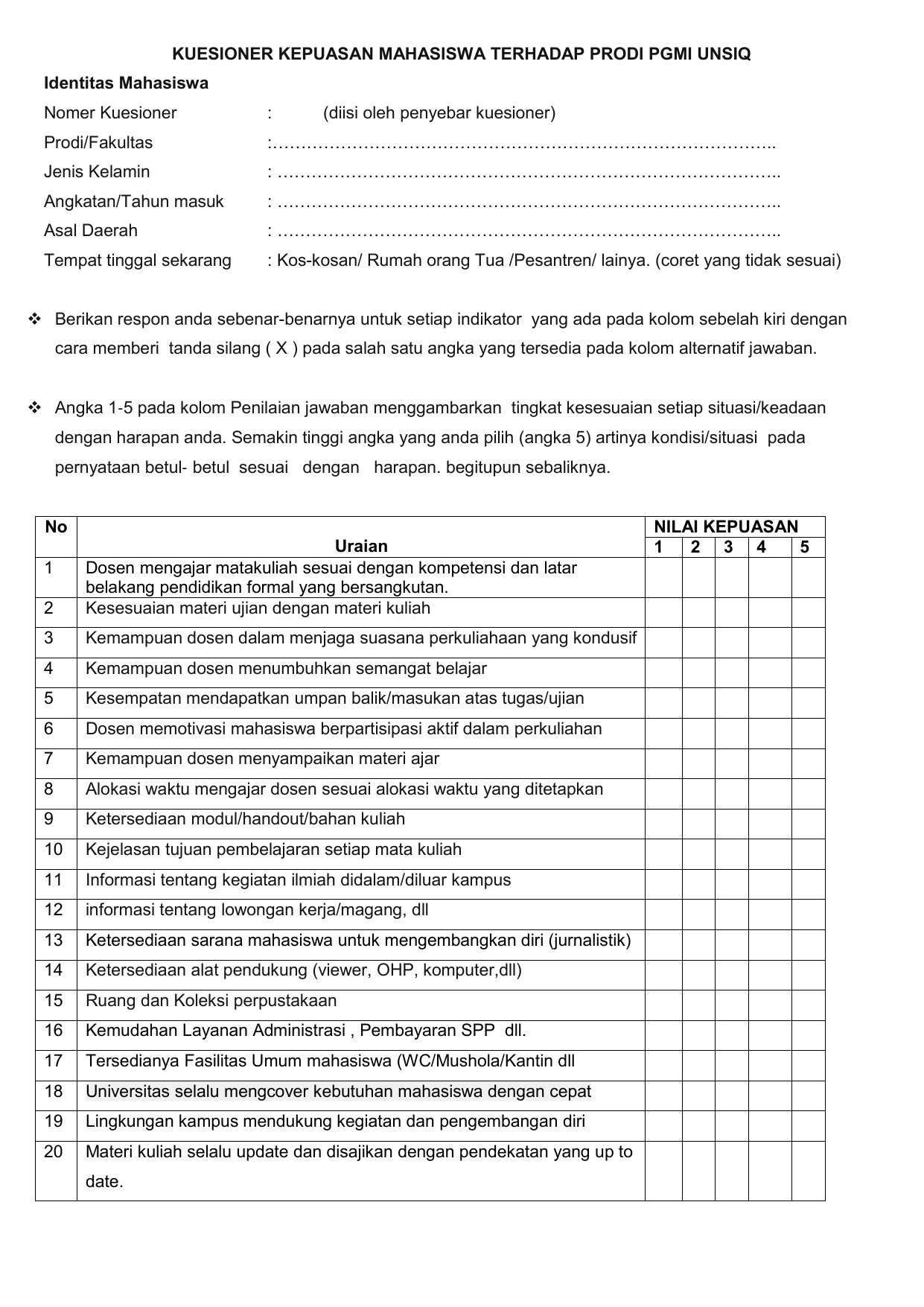 Contoh Kuesioner Tentang Fasilitas Kampus