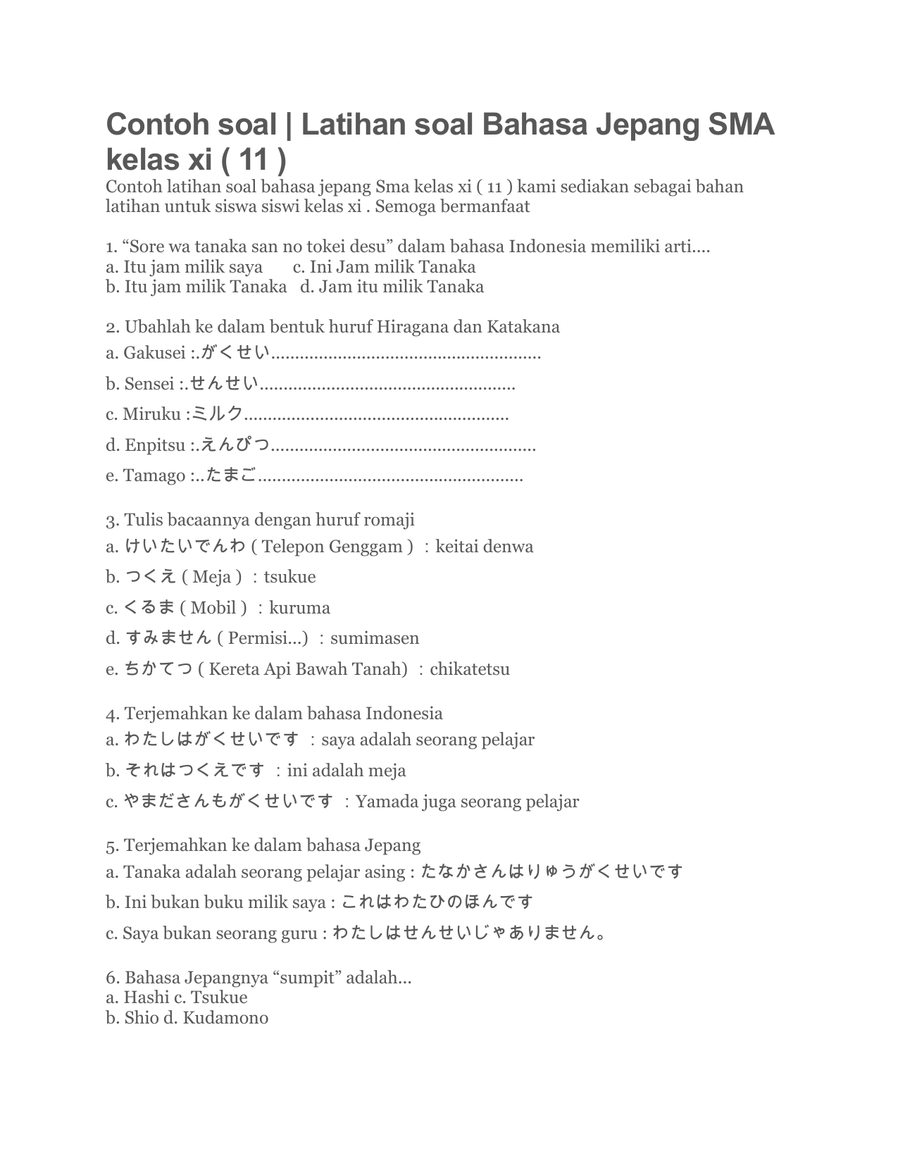 Contoh Soal Bahasa Jepang Kelas 10 Guru Galeri