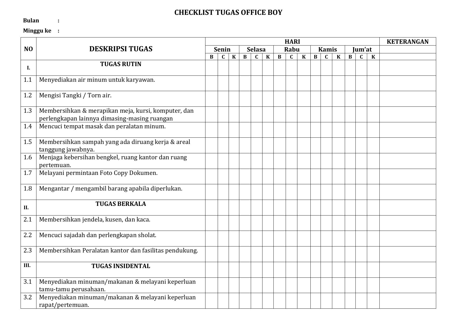 Form Checklist Kebersihan Ruangan
