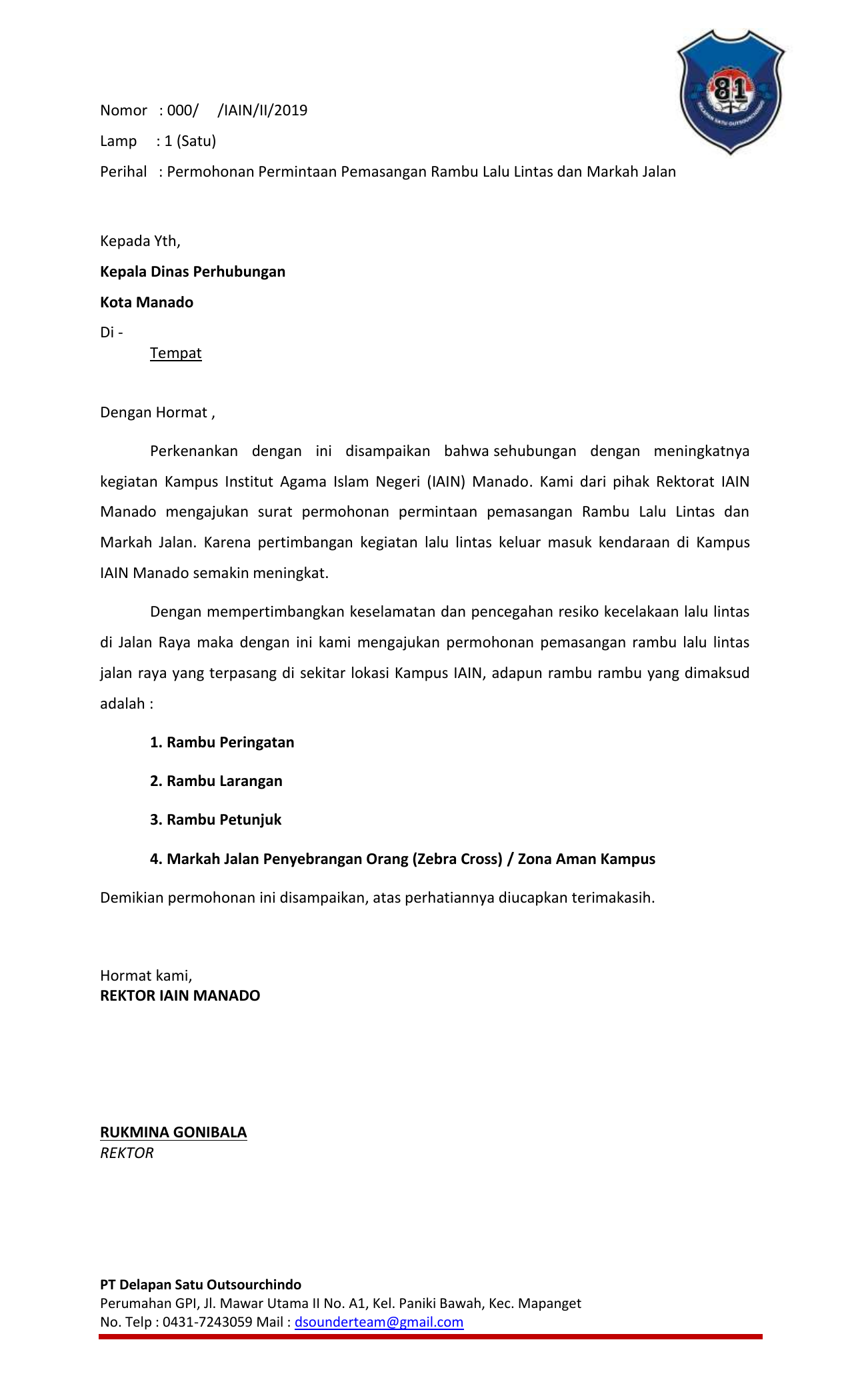 Surat Permohonan Marka Jalan Dinas Perhubungan Kota Manado
