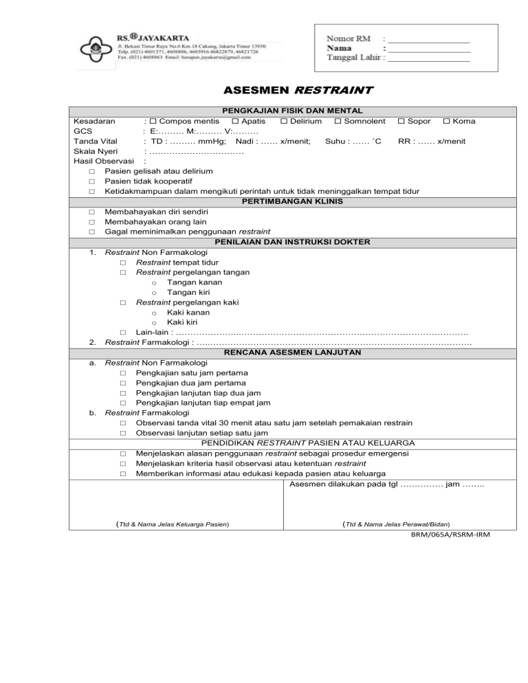 Formulir Asesmen Restrain