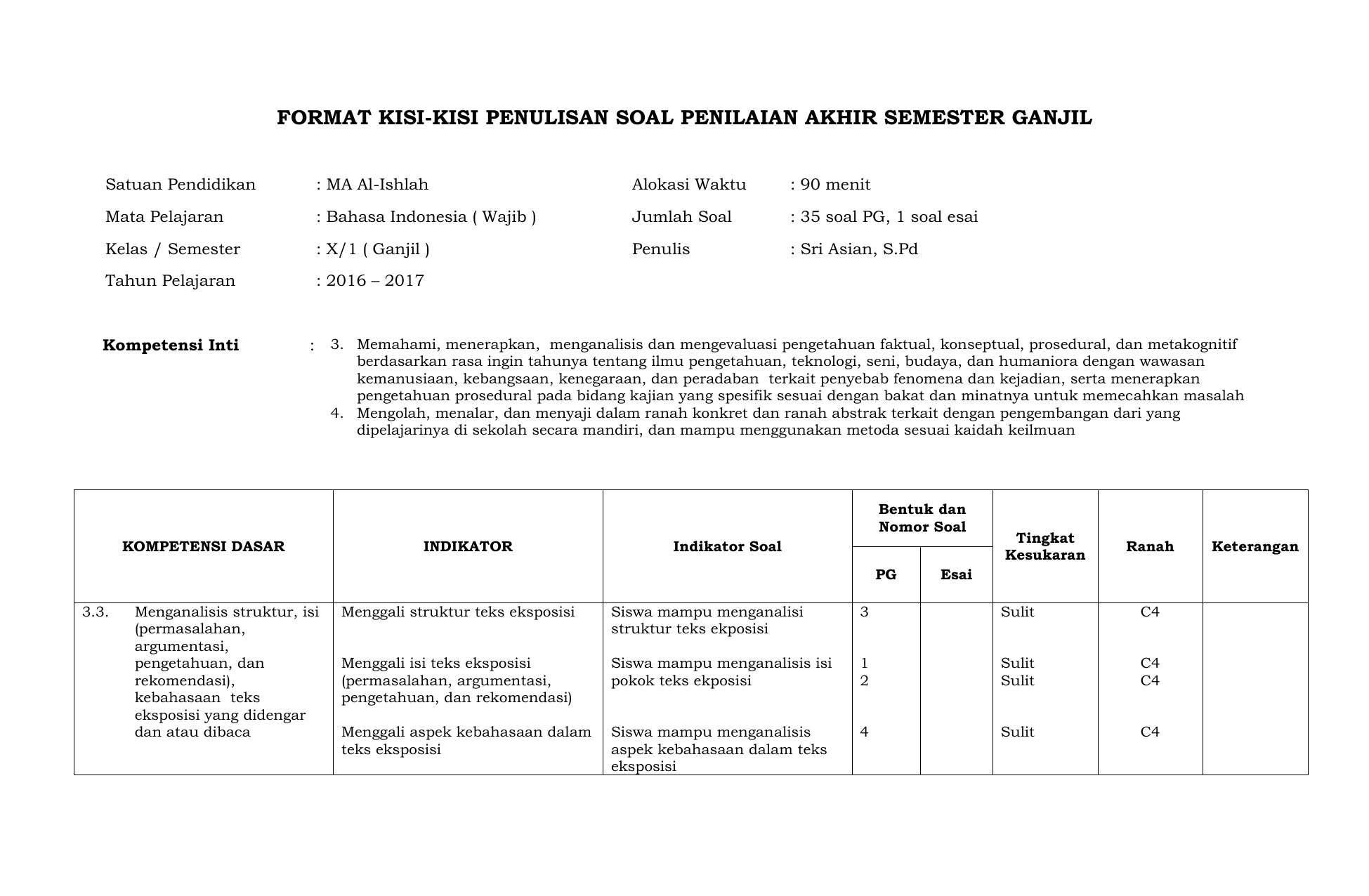 Format Kisi Kisi Soal Bahasa Indonesia Sma Kelas X Jawabanku Id