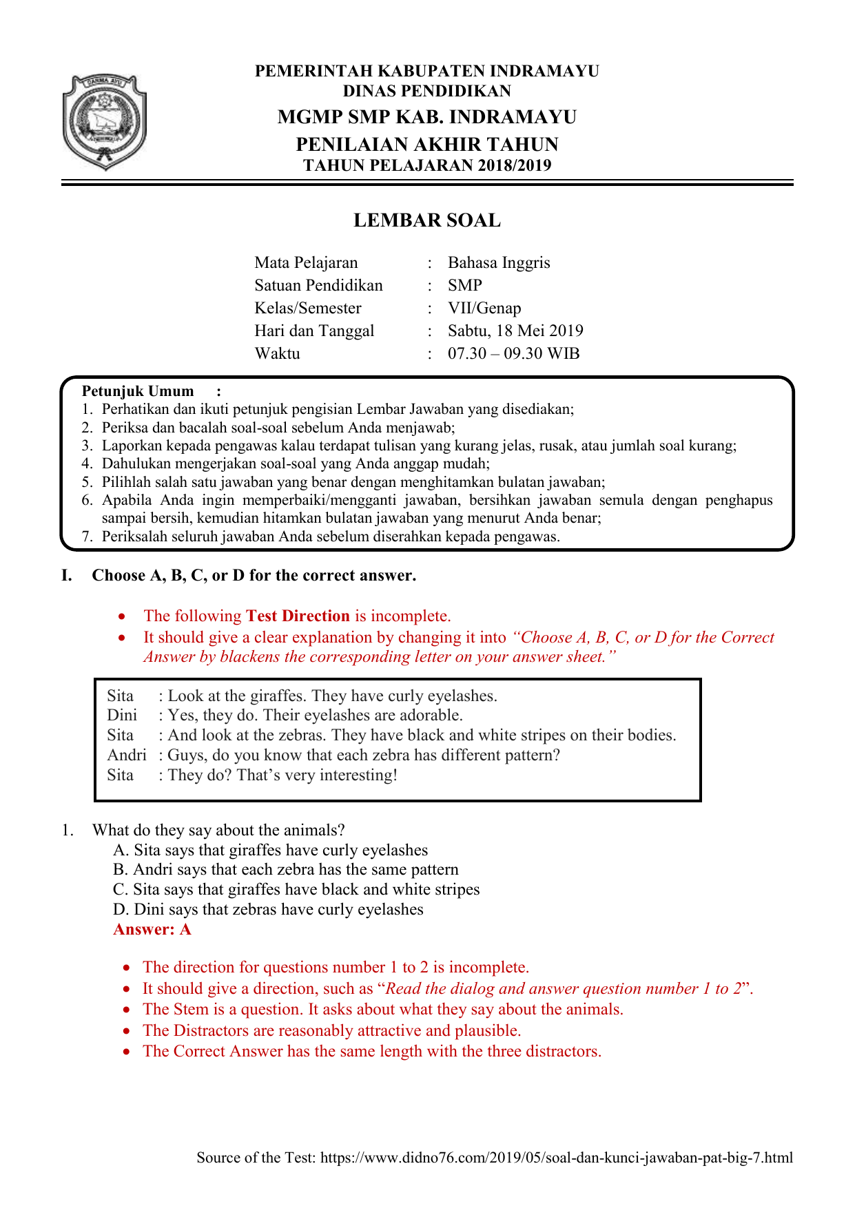 Contoh Analisis Test Pilihan Ganda Bahasa Inggris