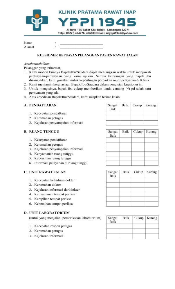 Kuesioner Pasien Rawat Inap Rawat Jalan 2010