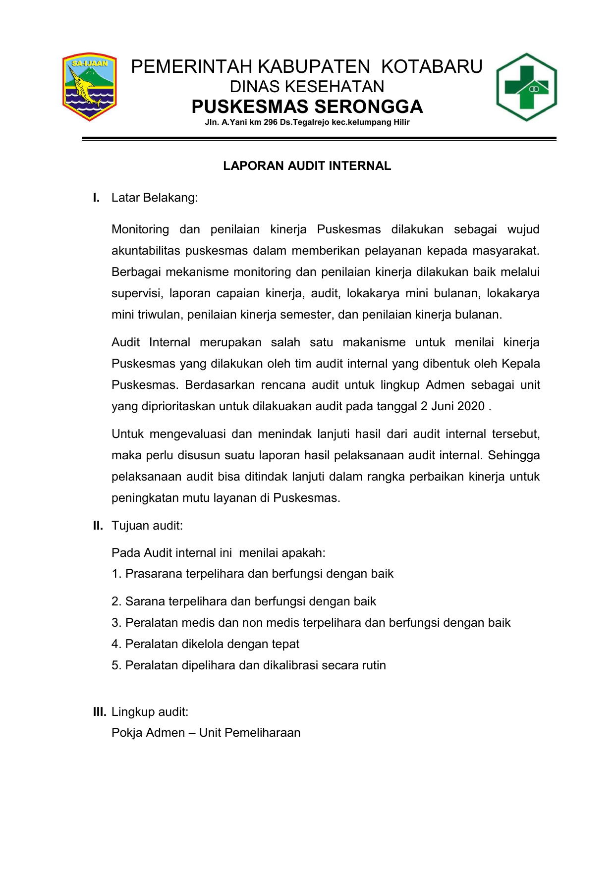 Laporan Audit Internal Admen Puskesmas